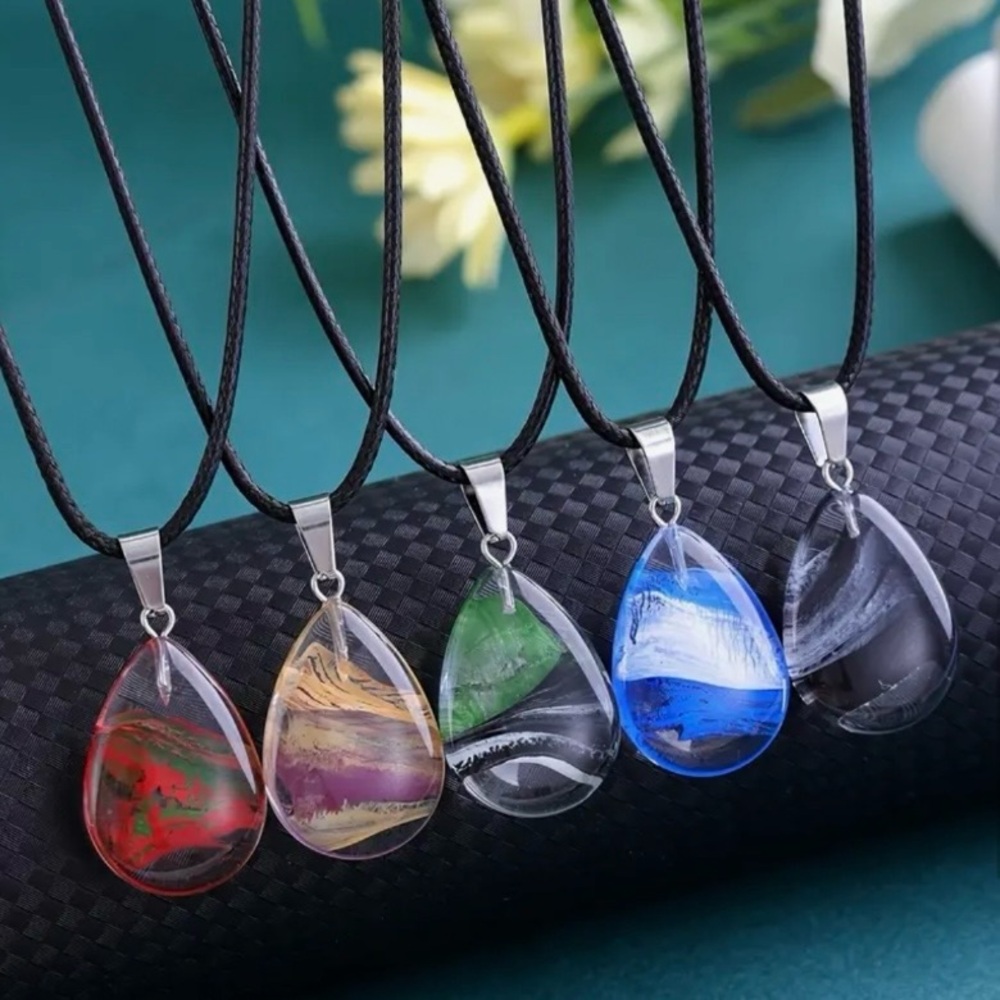 ⭐️ 5 for $25 Glass Crystal Water Droplet Pendant Necklace on a Black Cord - Picture 3 of 9
